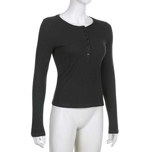 Y2K Slim Fit Brown Crop Top with Button Detail