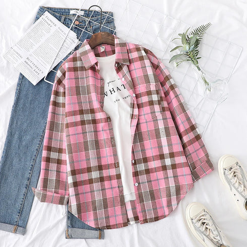 Plaid Flannel Shirt for Women - Casual Long Sleeve Top