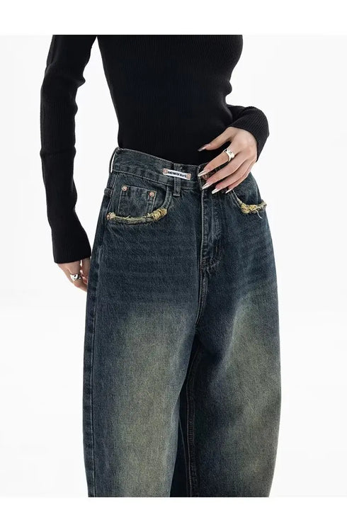 High Waist Wide Leg Jeans in Navy Blue