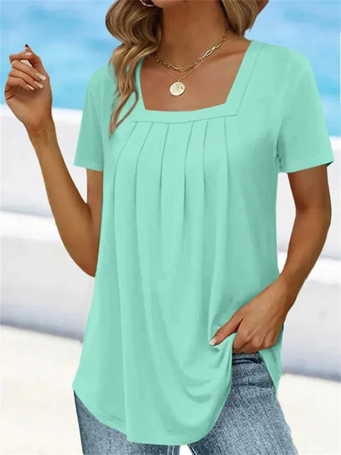 Plus Size Solid Color Pleated Square Neck Women's T-shirts Loose Short Sleeve Ruffled Lady Tee Basic Elegant Sexy Commuter Tops
