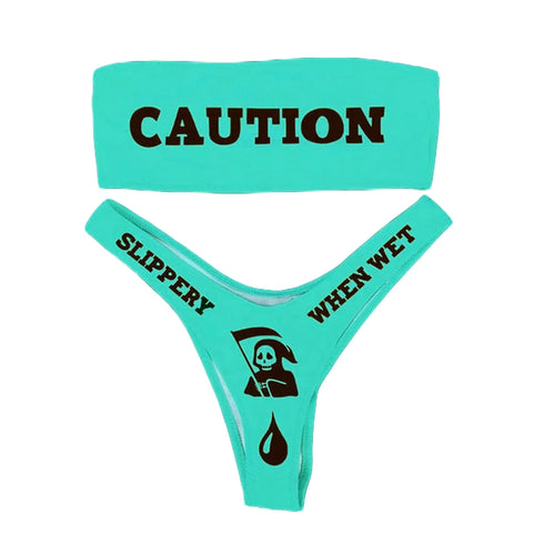 Women's Caution Print Two-Piece Bikini Set