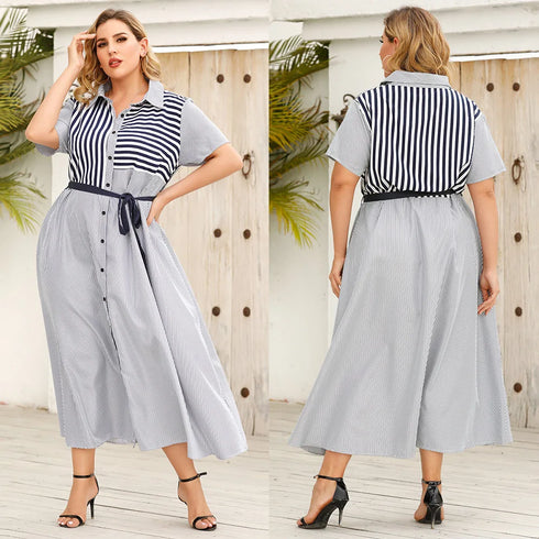 Summer Strappy Lapel Striped Short-Sleeved Dress