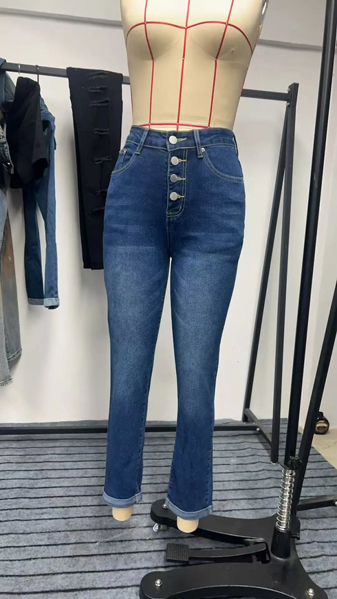 High Waist Blue Denim Jeans with Button Detail