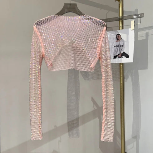 Hollow Out Rhinestone Long Sleeve Crop Top