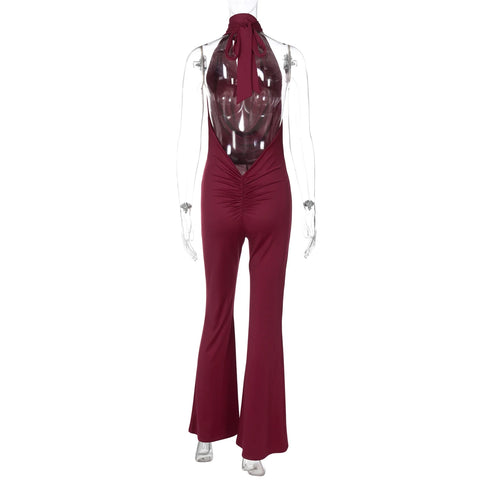 Dulzura Backless Lace-Up Flared Jumpsuit in Wine Red