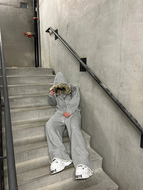 Y2K Aesthetic Faux Fur Collar Zip-Up Hoodie