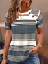 Plus size women's elegant short-sleeved top casual round neck T-shirt with fake buttons striped knitted fabric
