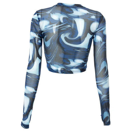 Sheer Print Mesh Crop Top with Long Sleeves