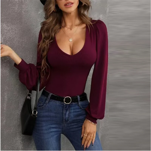 Chic U-Neck Long Sleeve Slim Fit T-Shirt for Women