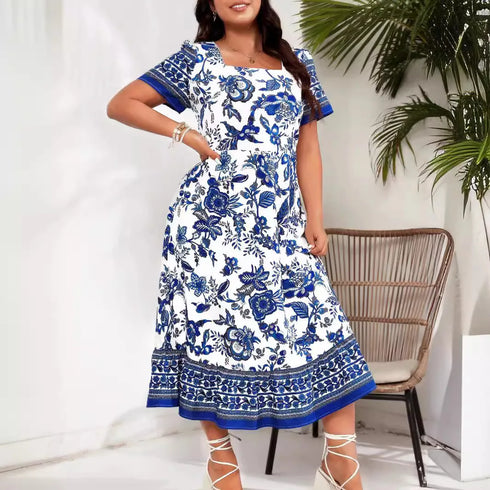 Plus Size Elegant Chic Printed High Waist Dress for Spring Summer Casual Streetwear