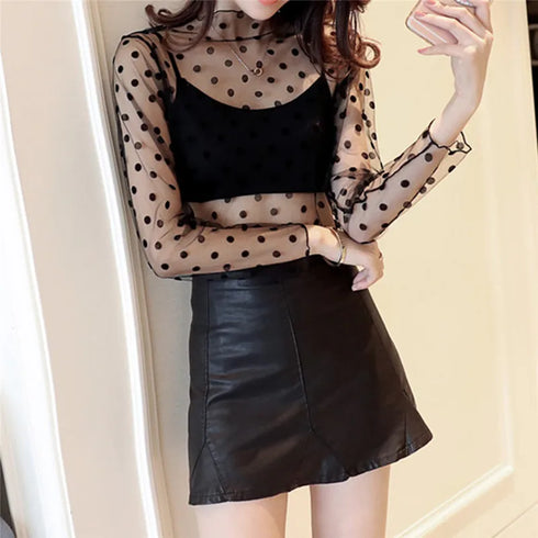 New Transparent See Through Shirt Women Sexy Harajuku Mesh Top Clubwear Lace Turtleneck Blouse Ideal for Parties and Nights Out