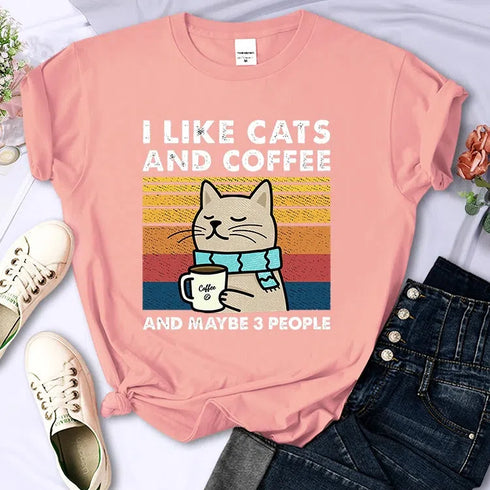 Cute Cat & Coffee Graphic Tee for Women