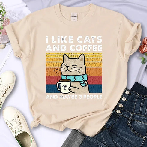 Cute Cat & Coffee Graphic Tee for Women