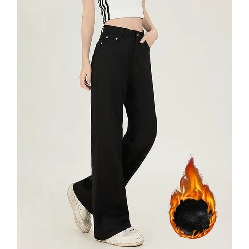 High Waist Fleece Thermal Denim Pants for Women