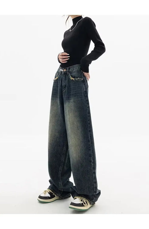 High Waist Wide Leg Jeans in Navy Blue