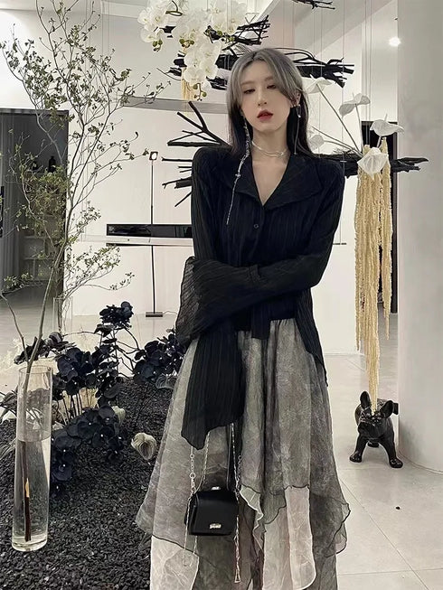 Karrram Gothic Black Asymmetrical Blouse for Women