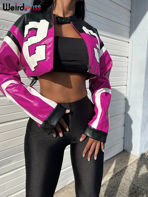 Weird Puss Faux Leather Varsity Jacket for Women