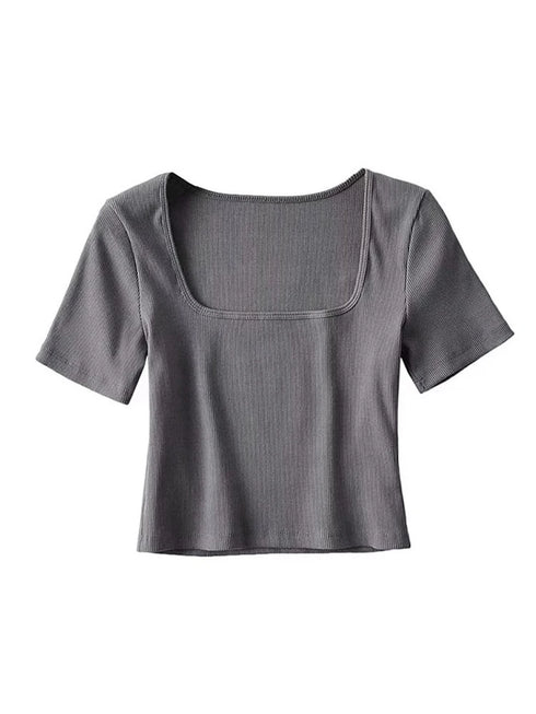 Square Neck Rib Crop T-shirt for Summer