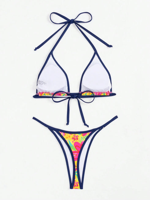 Floral Lace-Up Bikini Set for Women