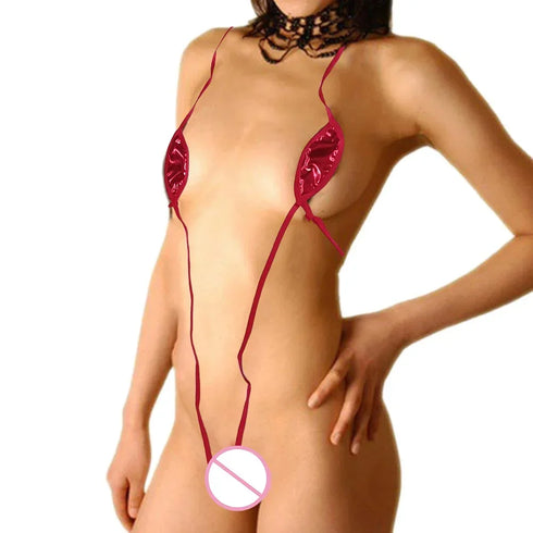 Slight Stretch Thong Bikini Set in PU Patent Leather