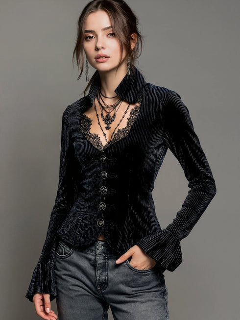 Women's Gothic Elegant Striped Blouse Lace Trim Sexy V Neck Long Bell Sleeve Button Front Shirt Vintage Punk Party Tops 2025