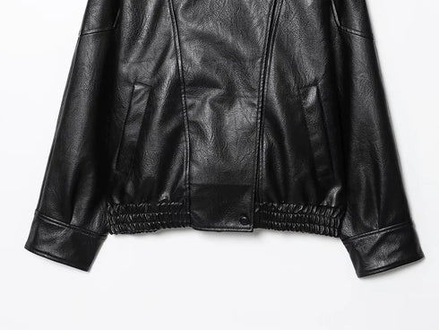 MUJER Black Faux Leather Bomber Jacket for Women