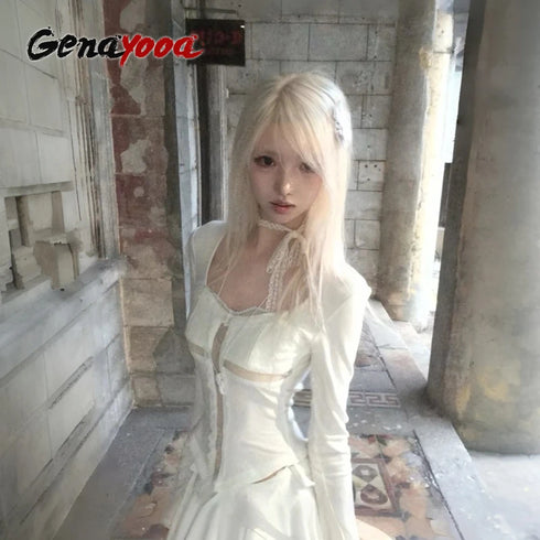 Genayooa Y2k Fairycore T Shirt Women Lace Patchwork Crop Tops Streetwear Japanese 2000s Grunge Tops E-girls Aesthetic Tshirts