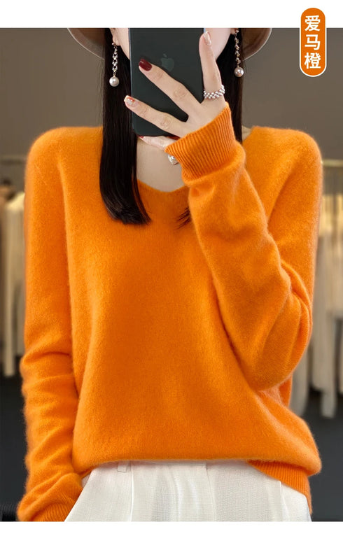 100% Merino Wool V-Neck Pullover Sweater for Women