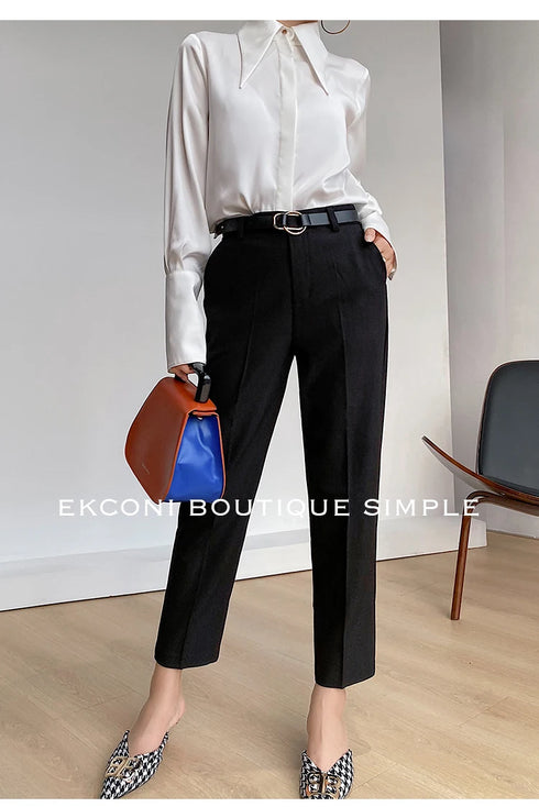 Elegant Satin Silk Blouse with Turn Down Collar