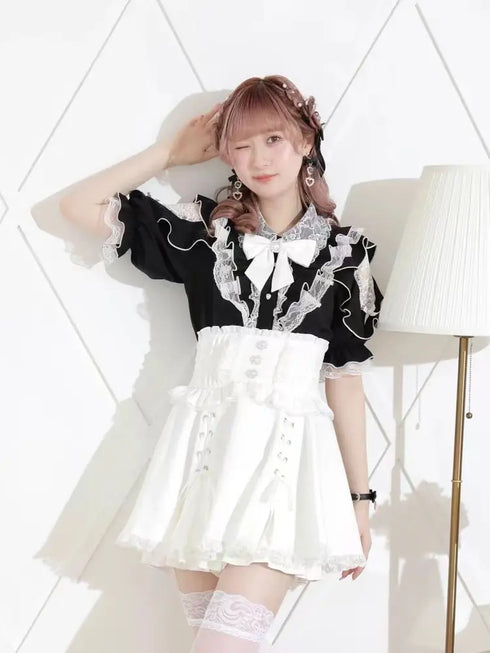 Noemi Inspired Ruffle Bow Top - Japanese Dark Femme Off-Shoulder Blouse, Lace Trim Bell Sleeve Shirt for Yami Kawaii & Lolita