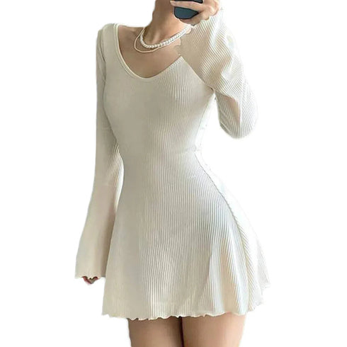 Women Ribbed Long Sleeve V-Neck A-Line Mini Dress