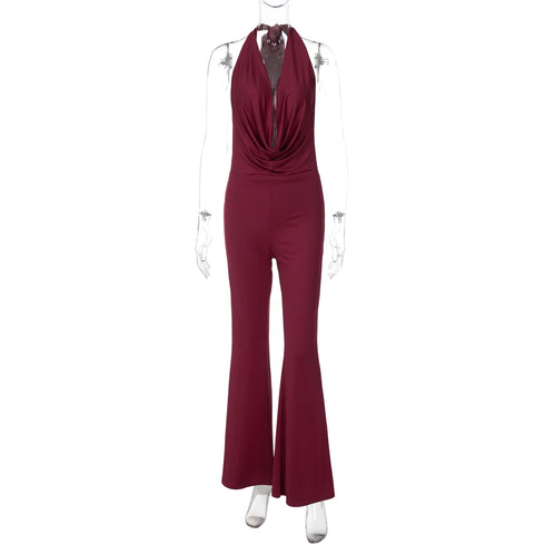 Dulzura Backless Lace-Up Flared Jumpsuit in Wine Red