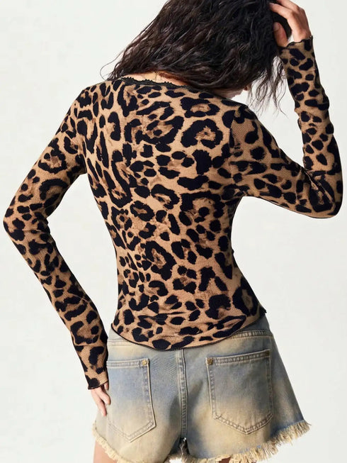 Women's Long Sleeve Cardigan Leopard Print Deep V Button Front Ribbed Lace Trim Spring Summer Retro Trendy Daily Dating Casual