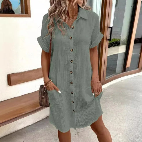 Women's Summer Casual V-Neck Button Up Dress Knee Length Short Sleeve Linen Cotton Loose Fit for Women