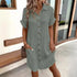 Women's Summer Casual V-Neck Button Up Dress Knee Length Short Sleeve Linen Cotton Loose Fit for Women