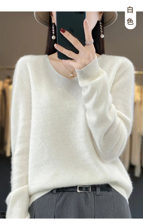 100% Merino Wool V-Neck Pullover Sweater for Women