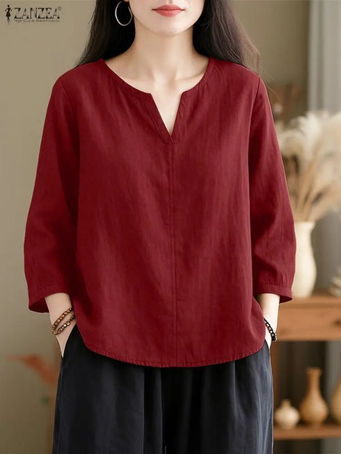 2025 ZANZEA Autumn Blouse Women V Neck Long Sleeve Tops Casual Solid Loose Shirt Female OL Work Blouses Retro Tunic Blusas Mujer
