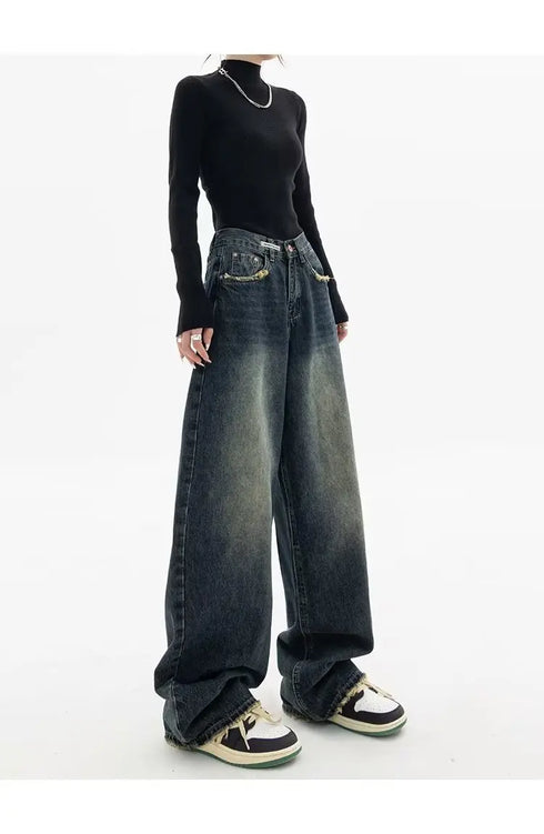 High Waist Wide Leg Jeans in Navy Blue