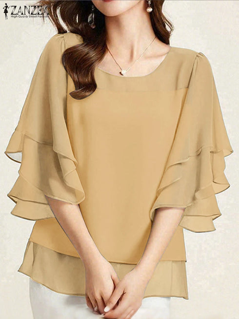 ZANZEA Women's Chiffon Blouse with Ruffled Detail