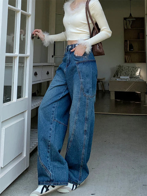 Women's High Waist Wide Leg Denim Jeans in Navy