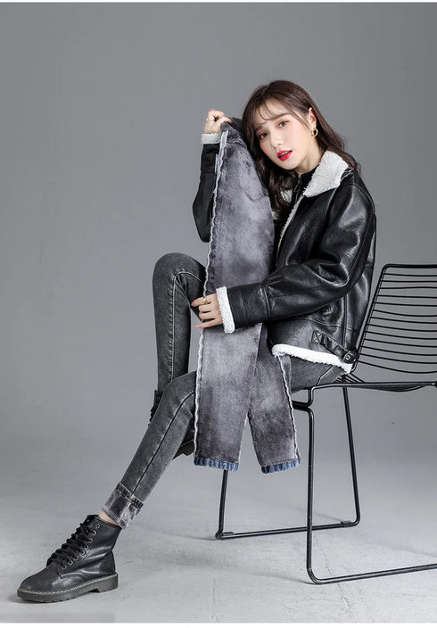 High-Waisted Fleece-Lined Slim Jeans for Women