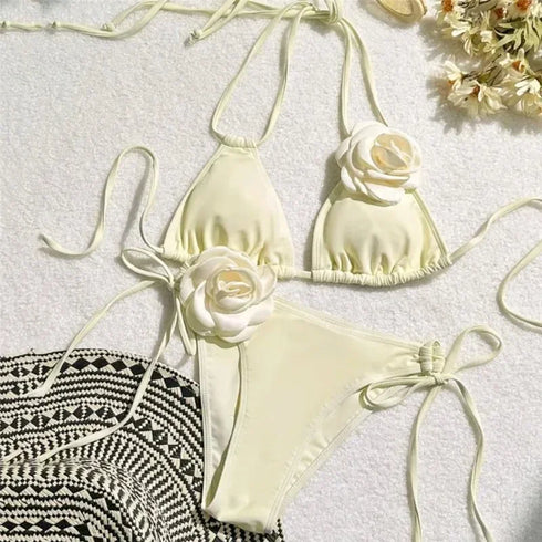 Floral Bandeau Thong Bikini Set for Women