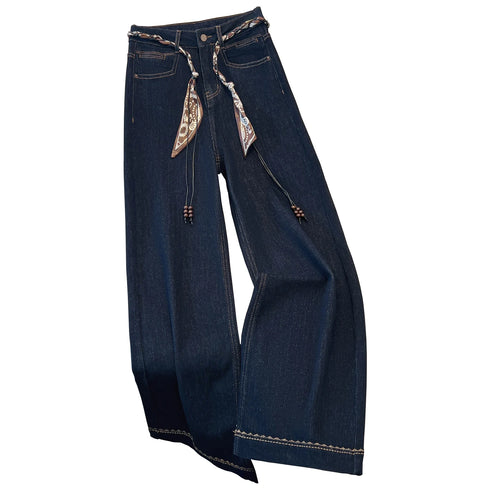 Wide Leg Denim Jeans with Scarf Belt