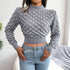 Hollow Out Long Sleeve Knitted Crop Top in Grey and Khaki