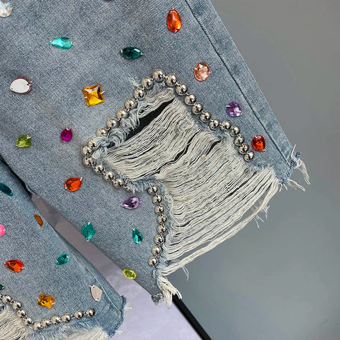 Trendy High-Waisted Denim Harem Jeans with Embellishments