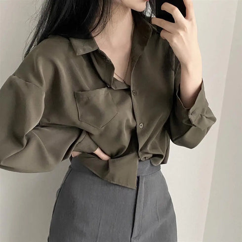 Long Sleeve Casual Blouse with Pockets