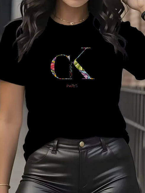 Y2K Cartoon Letter Print Crew Neck T-Shirt for Women