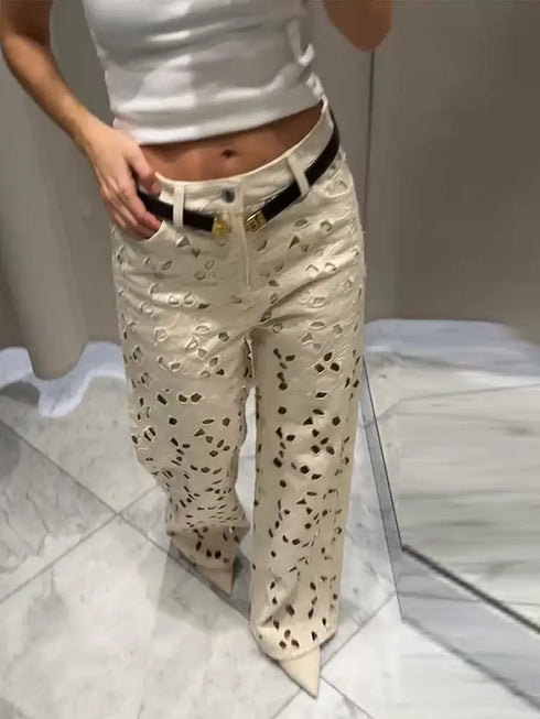Floral Hollow Out High Waist Wide Leg Jeans