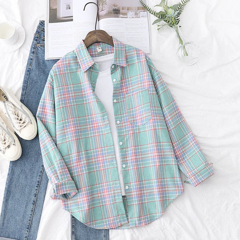 Elegant Women's Plaid Shirt 2025 New Ladies Large Size Casual Loose Lapel Long Sleeve Blouse&Tops Female Lapel Checked Clothing
