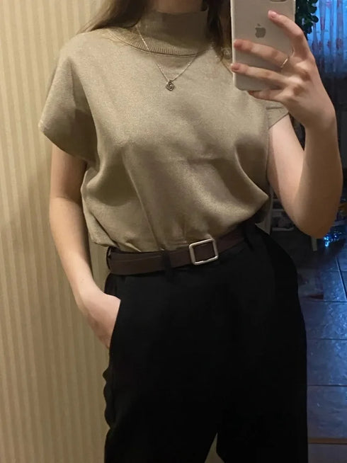 Solid Stand-up Collar Knitted Blouse Vest